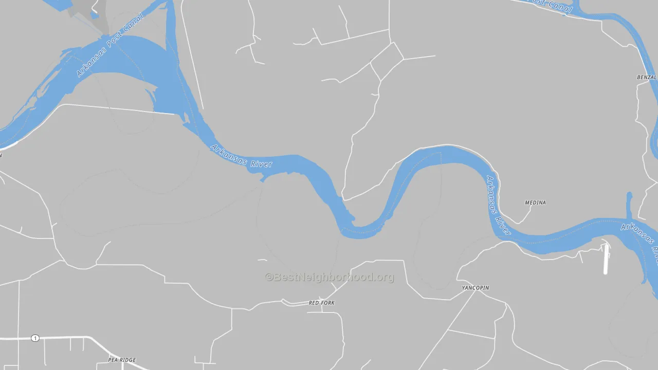 Walk Grade map of Red Fork, AR, walkable areas in green and car-dependent areas in red