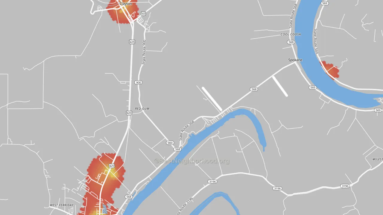 Walk Grade map of Red Gum, LA, walkable areas in green and car-dependent areas in red