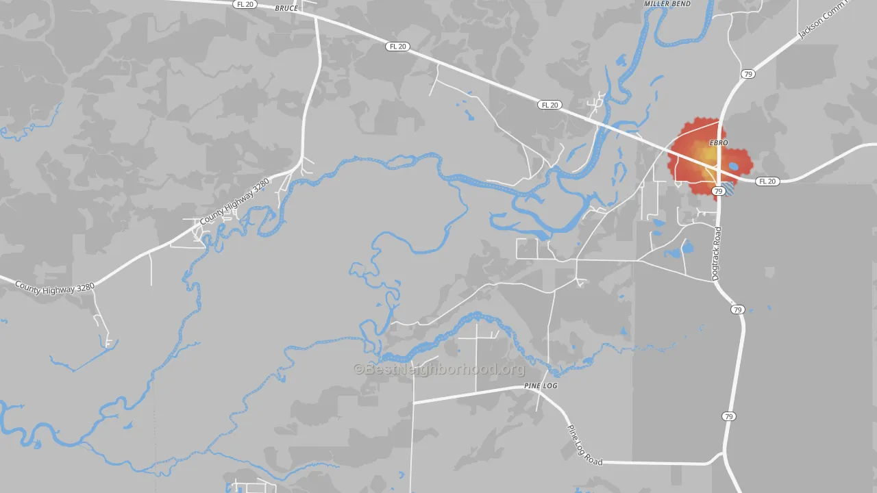 Walk Grade map of Red Head, FL, walkable areas in green and car-dependent areas in red