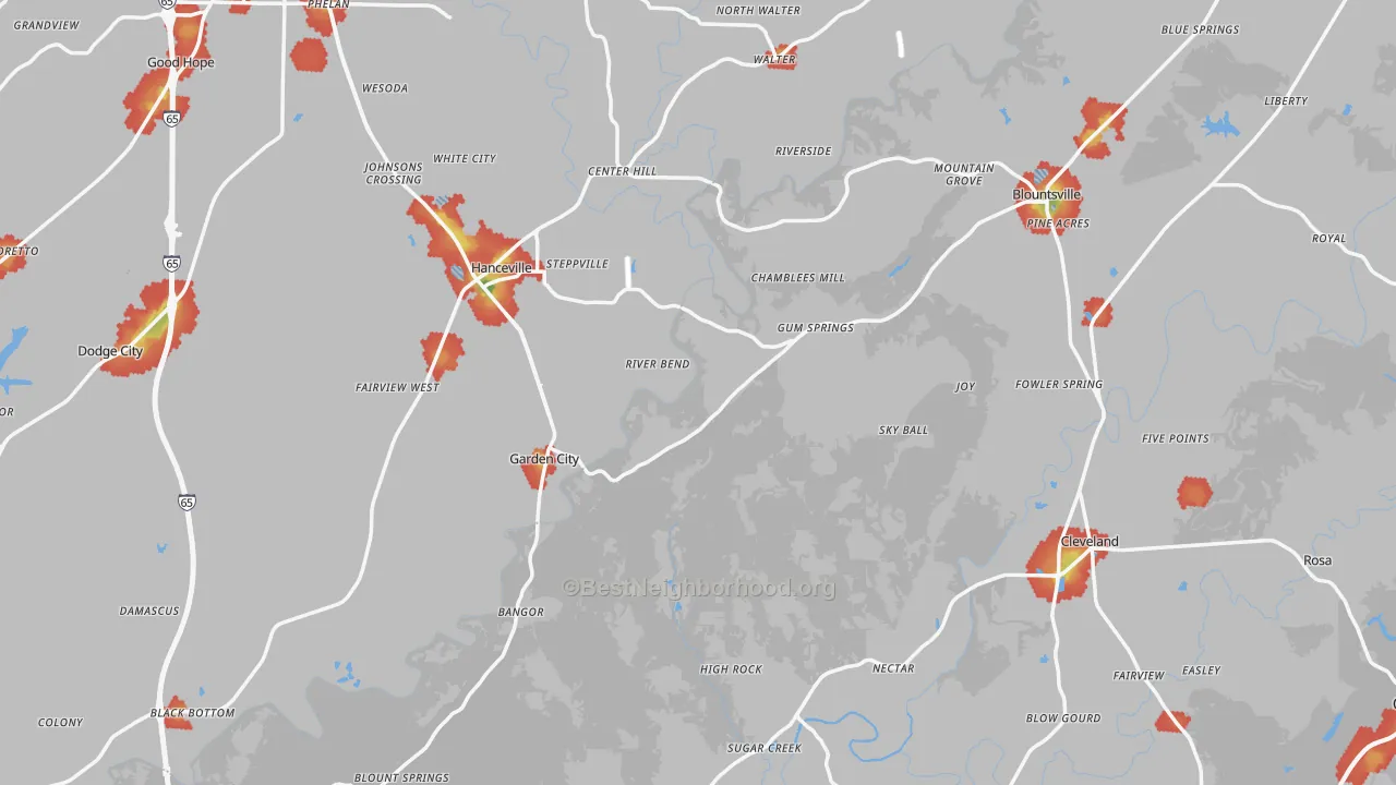 Walk Grade map of Red Hill, AL, walkable areas in green and car-dependent areas in red