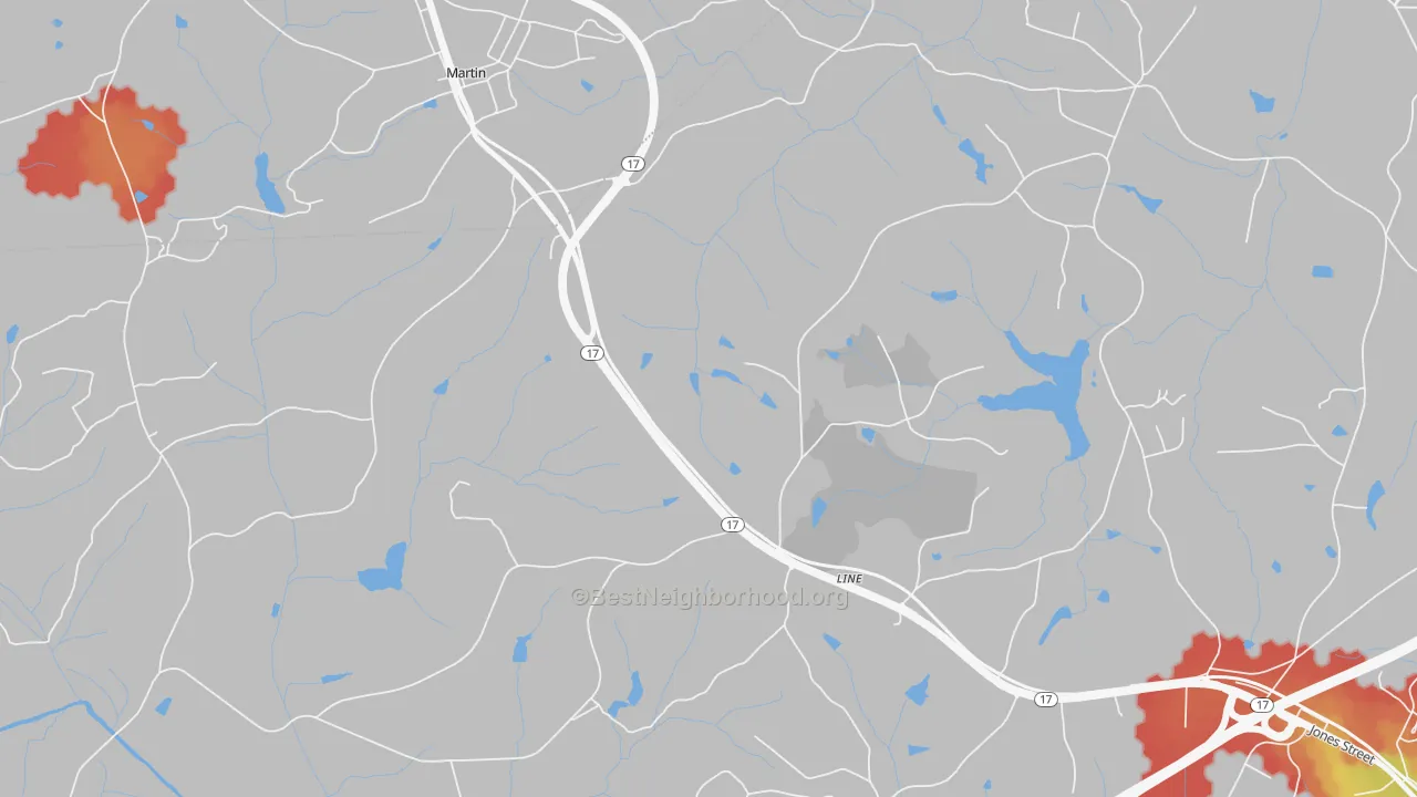 Walk Grade map of Red Hill, GA, walkable areas in green and car-dependent areas in red