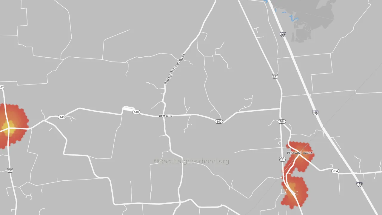 Walk Grade map of Red Hill, KY, walkable areas in green and car-dependent areas in red
