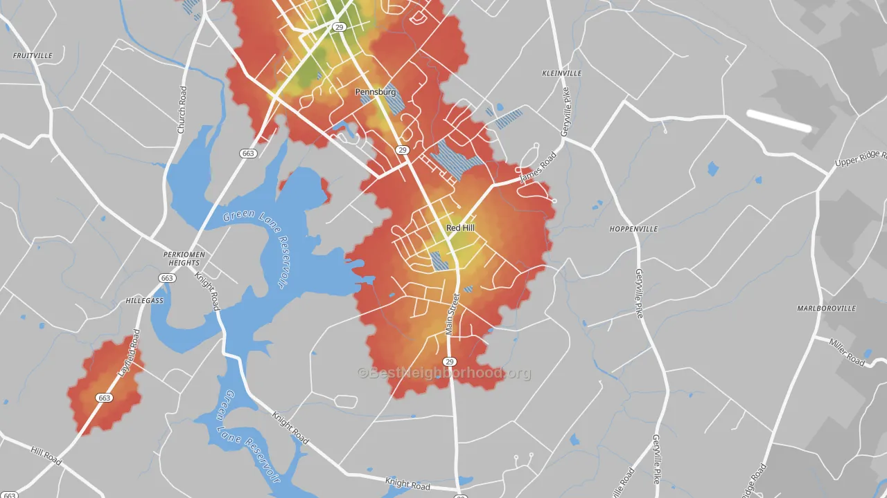 Walk Grade map of Red Hill, PA, walkable areas in green and car-dependent areas in red