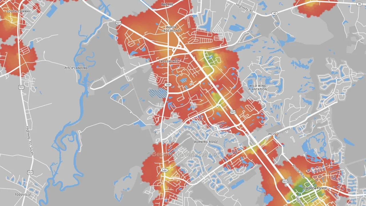 Walk Grade map of Red Hill, SC, walkable areas in green and car-dependent areas in red
