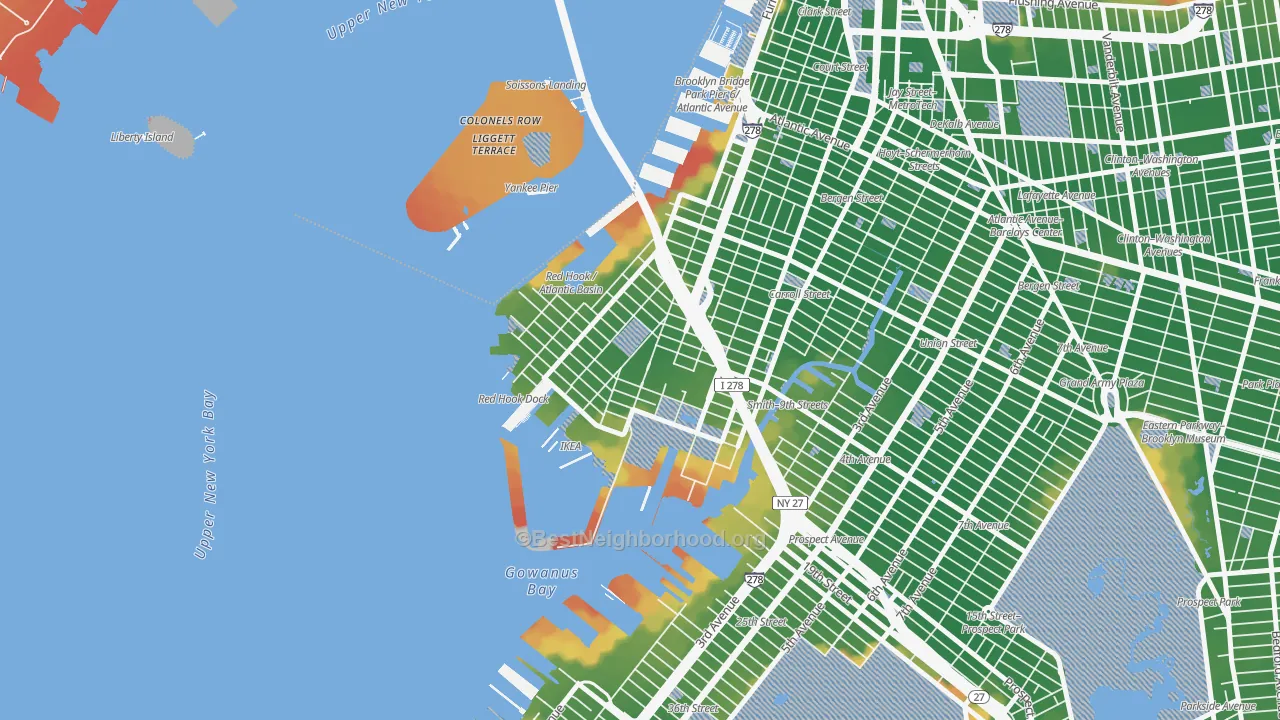 Walk Grade map of Red Hook, Brooklyn, NY, walkable areas in green and car-dependent areas in red