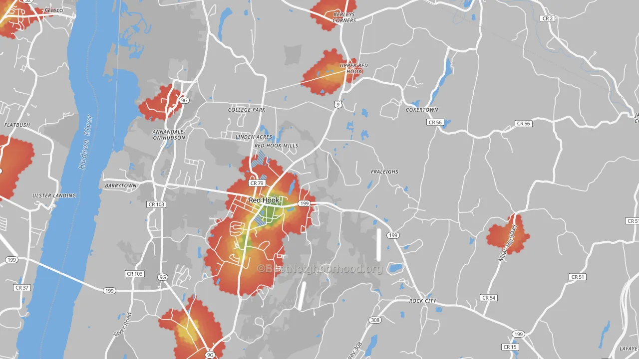 Walk Grade map of Red Hook, NY, walkable areas in green and car-dependent areas in red