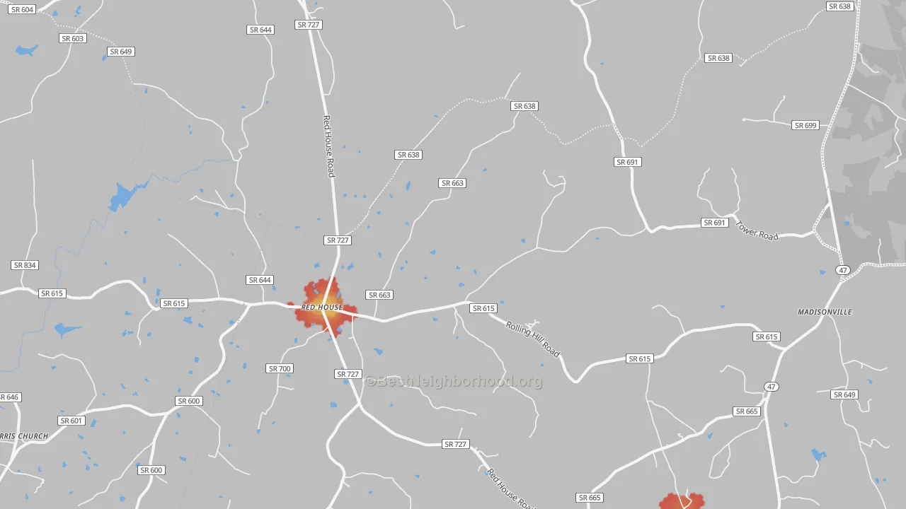 Walk Grade map of Red House, VA, walkable areas in green and car-dependent areas in red