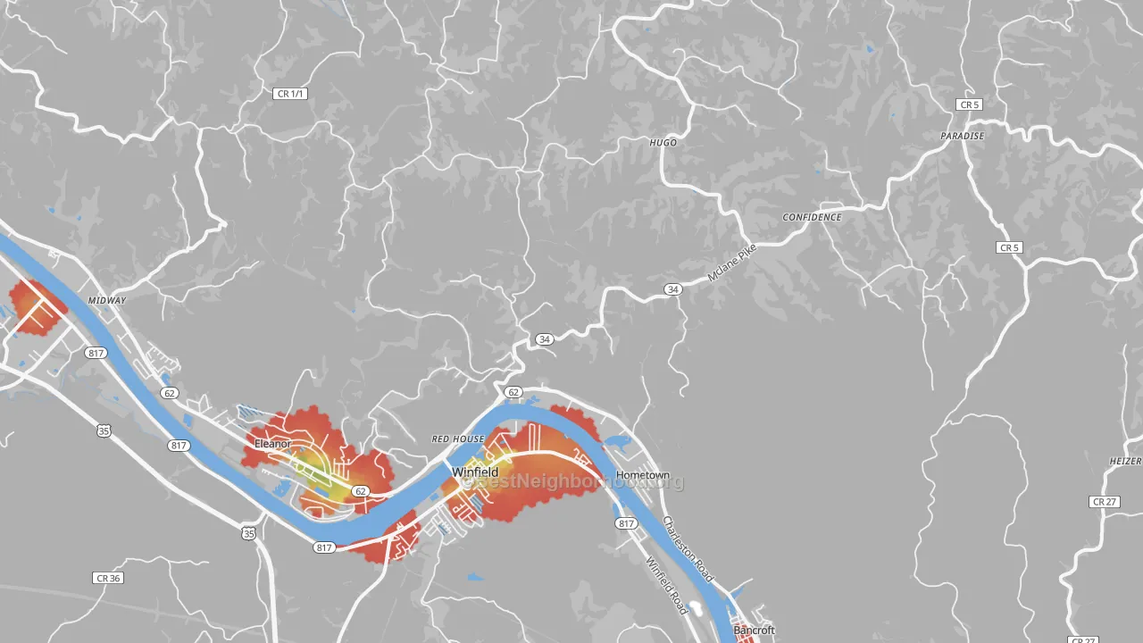 Walk Grade map of Red House, WV, walkable areas in green and car-dependent areas in red