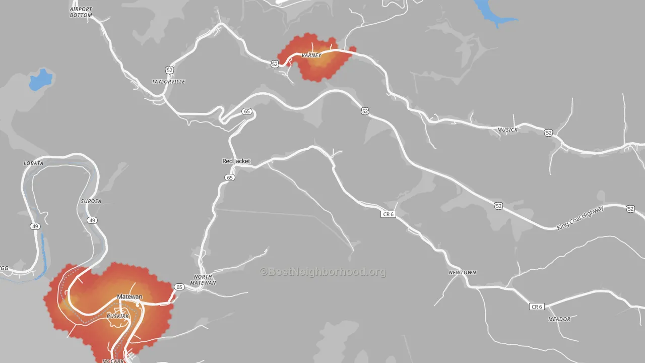 Walk Grade map of Red Jacket, WV, walkable areas in green and car-dependent areas in red