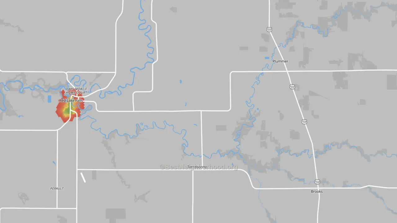 Walk Grade map of Red Lake County, MN, walkable areas in green and car-dependent areas in red