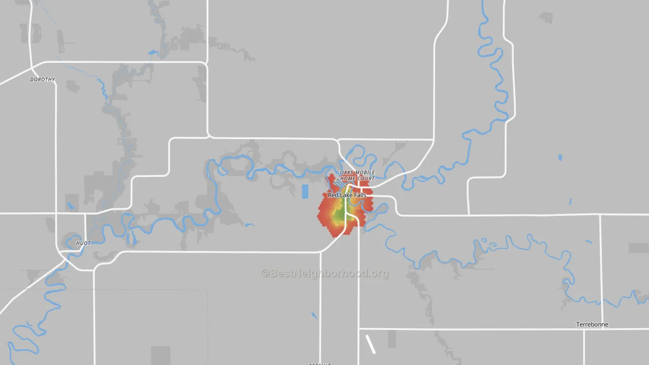 Walk Grade map of Red Lake Falls, MN, walkable areas in green and car-dependent areas in red