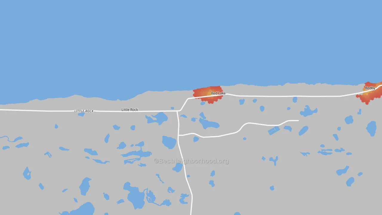 Walk Grade map of Red Lake, MN, walkable areas in green and car-dependent areas in red