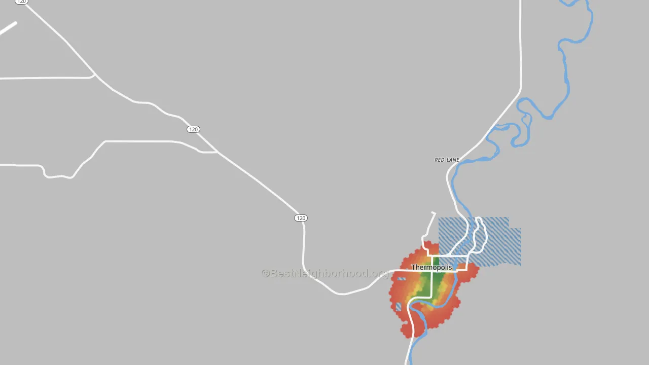 Walk Grade map of Red Lane, WY, walkable areas in green and car-dependent areas in red