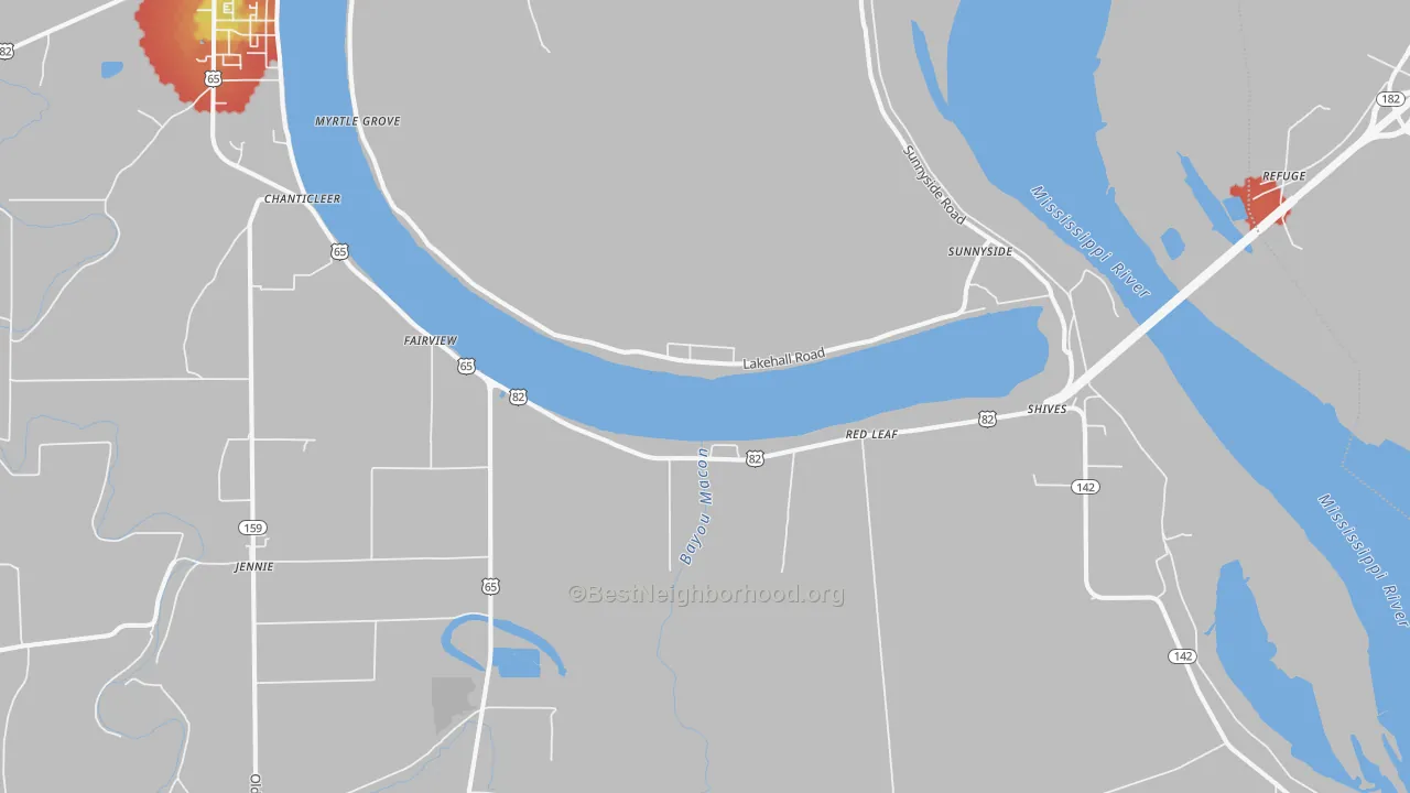 Walk Grade map of Red Leaf, AR, walkable areas in green and car-dependent areas in red