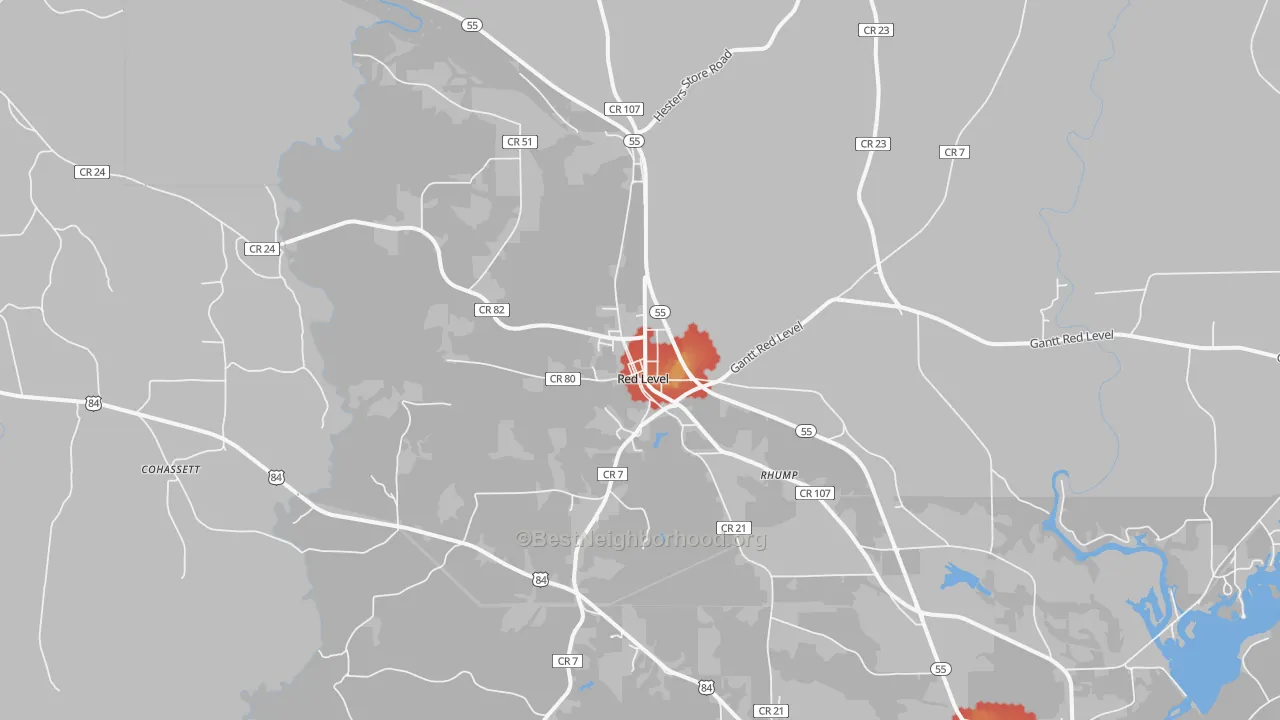 Walk Grade map of Red Level, AL, walkable areas in green and car-dependent areas in red