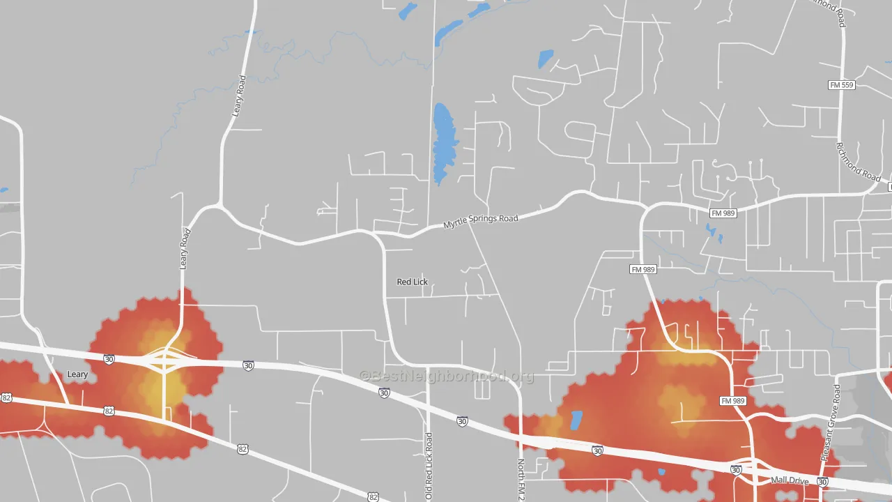 Walk Grade map of Red Lick, TX, walkable areas in green and car-dependent areas in red
