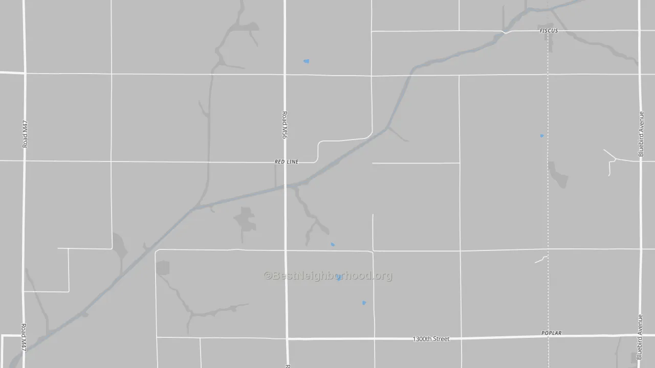 Walk Grade map of Red Line, IA, walkable areas in green and car-dependent areas in red