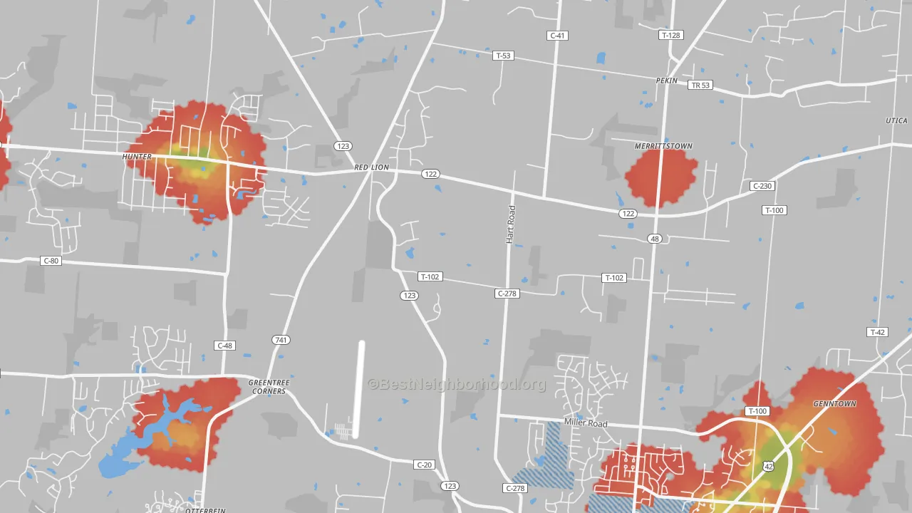 Walk Grade map of Red Lion, OH, walkable areas in green and car-dependent areas in red