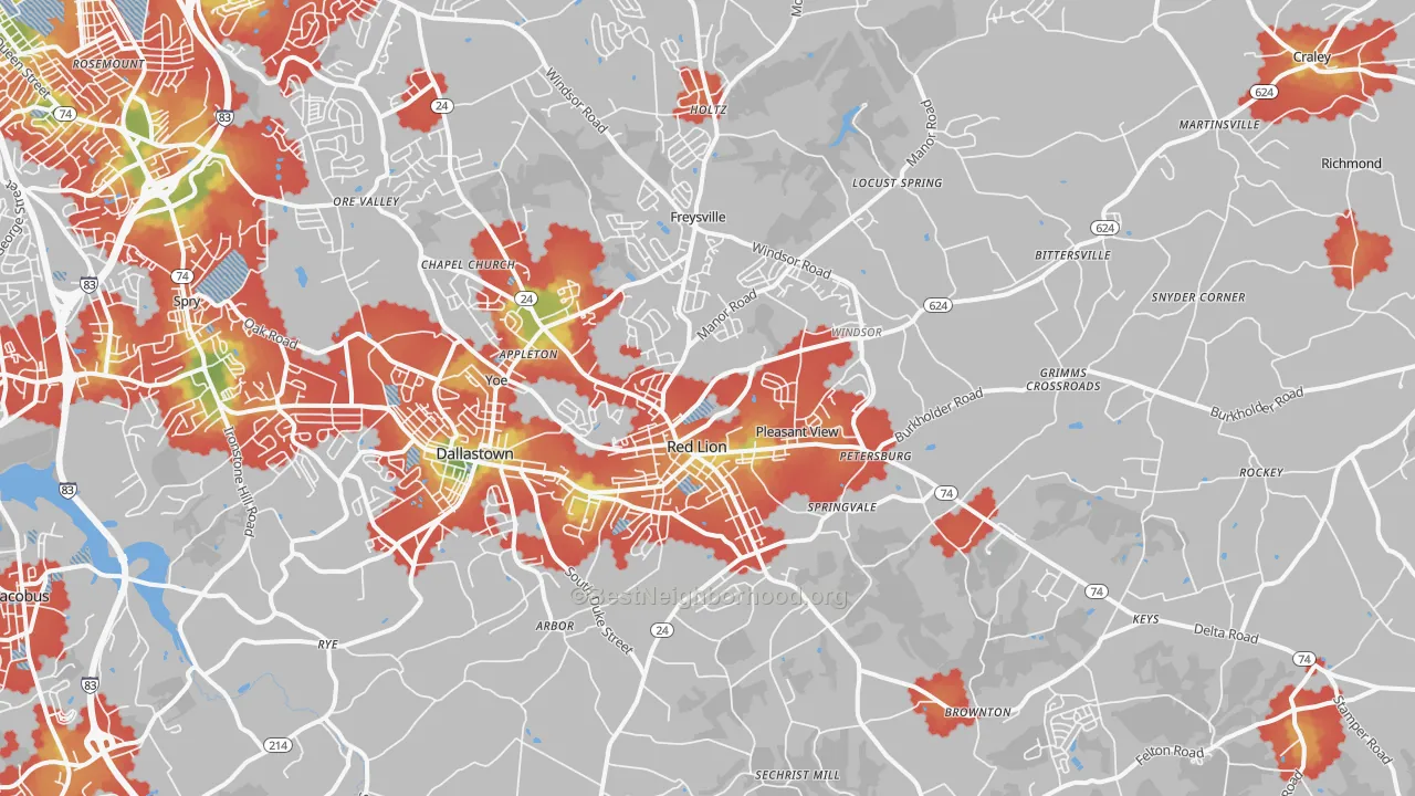 Walk Grade map of Red Lion, PA, walkable areas in green and car-dependent areas in red