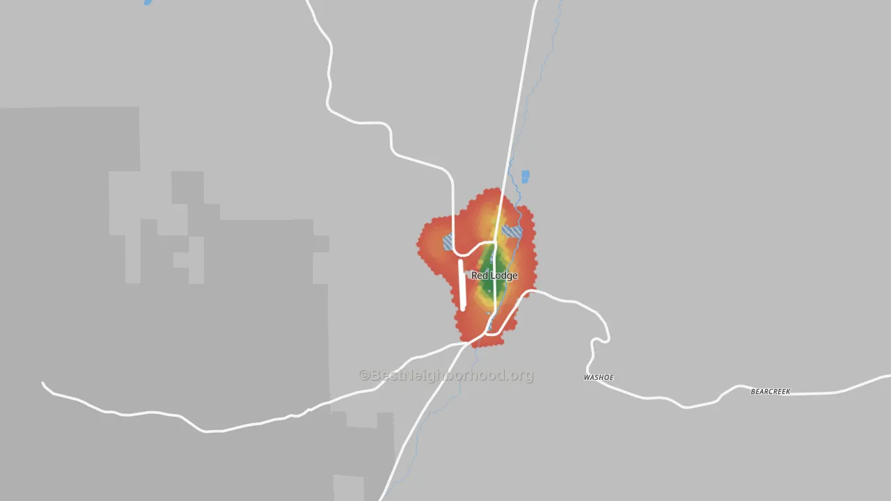 Walk Grade map of Red Lodge, MT, walkable areas in green and car-dependent areas in red