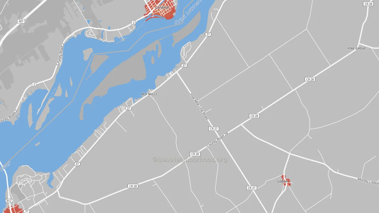 Walk Grade map of Red Mills, NY, walkable areas in green and car-dependent areas in red