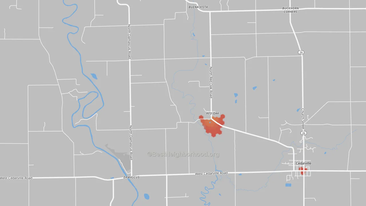 Walk Grade map of Red Oak, IL, walkable areas in green and car-dependent areas in red