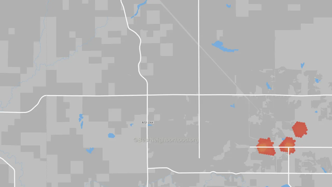 Walk Grade map of Red Oak, MI, walkable areas in green and car-dependent areas in red
