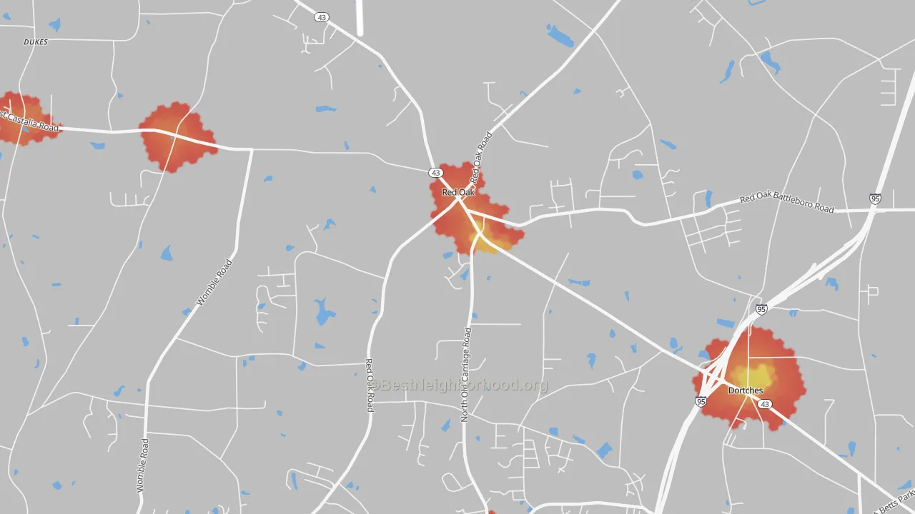 Walk Grade map of Red Oak, NC, walkable areas in green and car-dependent areas in red
