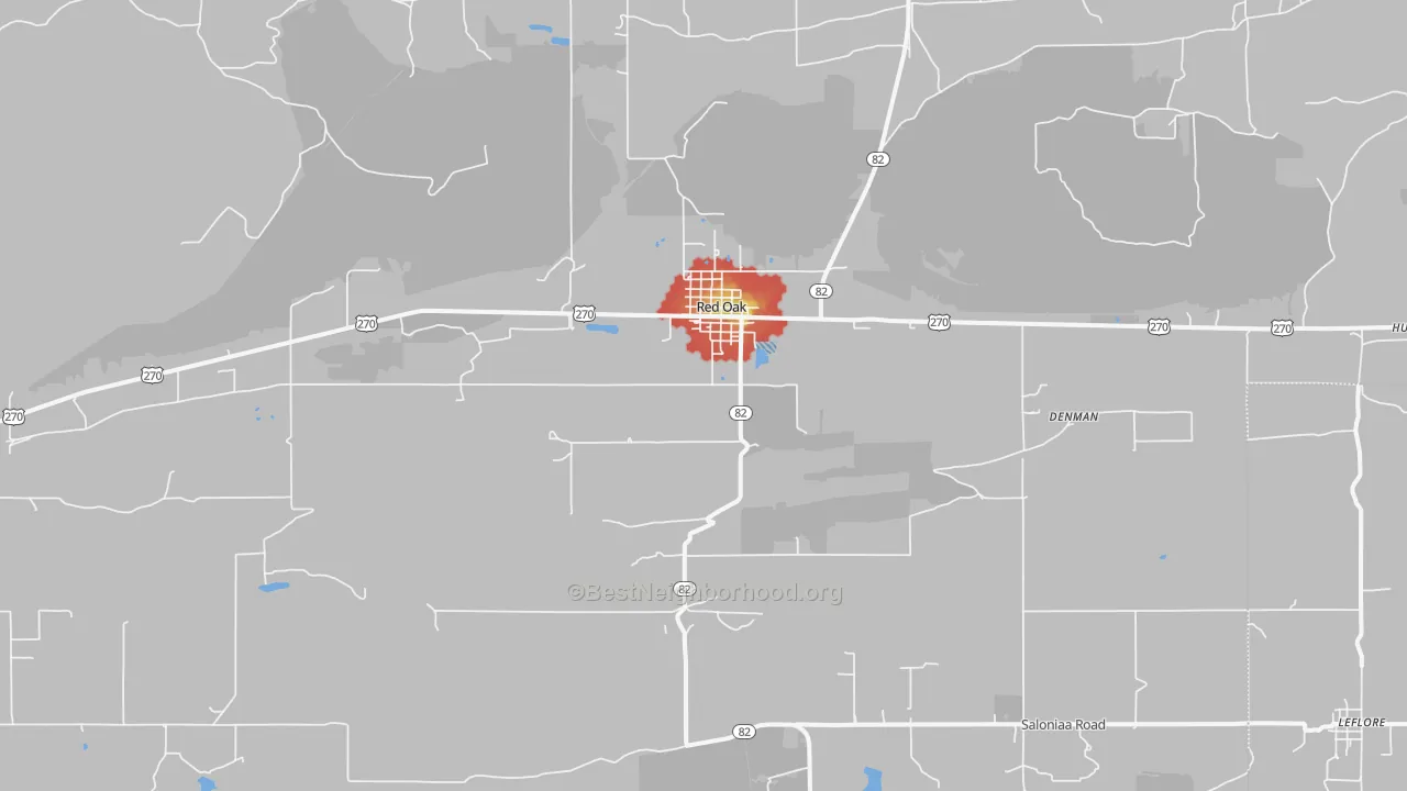 Walk Grade map of Red Oak, OK, walkable areas in green and car-dependent areas in red