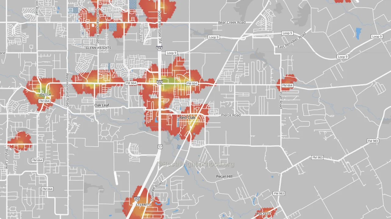 Walk Grade map of Red Oak, TX, walkable areas in green and car-dependent areas in red
