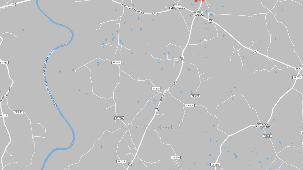 Walk Grade map of Red Oak, VA, walkable areas in green and car-dependent areas in red