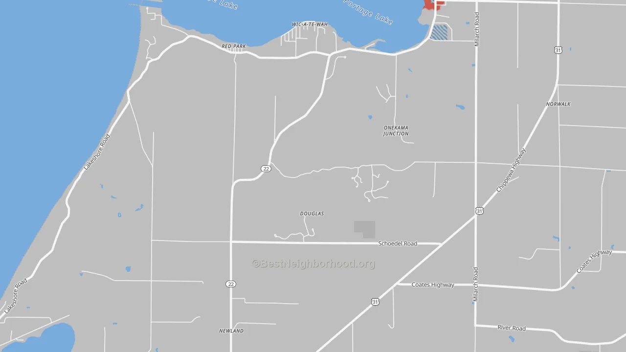 Walk Grade map of Red Park, MI, walkable areas in green and car-dependent areas in red