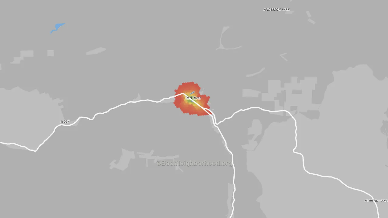 Walk Grade map of Red River, NM, walkable areas in green and car-dependent areas in red