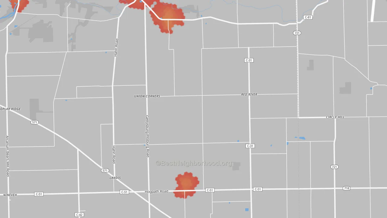 Walk Grade map of Red River, OH, walkable areas in green and car-dependent areas in red