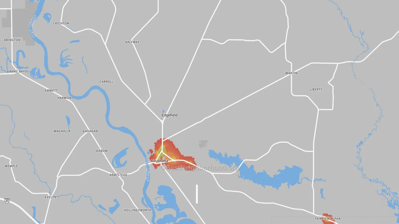Walk Grade map of Red River Parish, LA, walkable areas in green and car-dependent areas in red