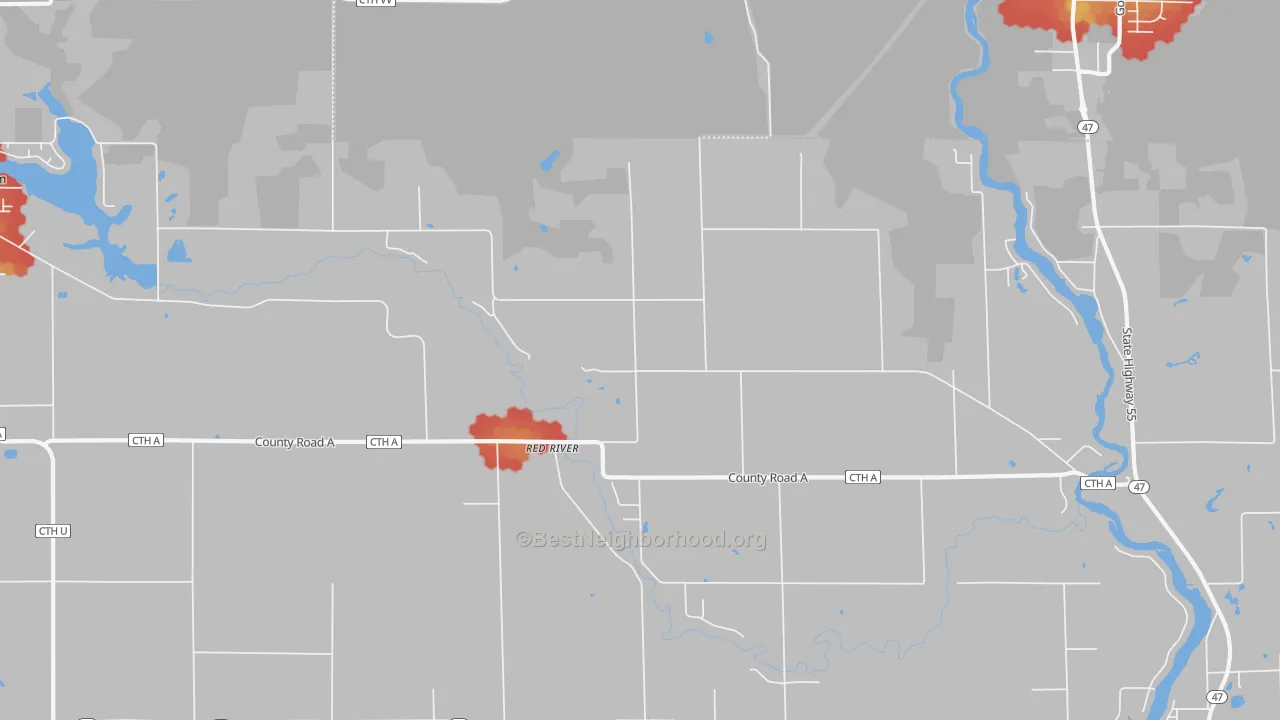 Walk Grade map of Red River, WI, walkable areas in green and car-dependent areas in red