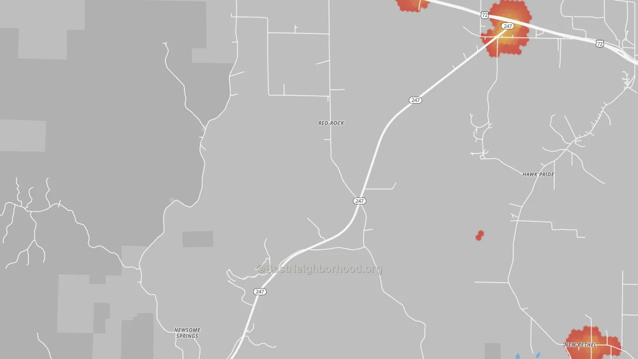 Walk Grade map of Red Rock, AL, walkable areas in green and car-dependent areas in red