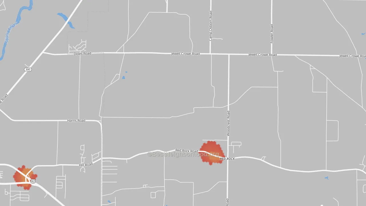 Walk Grade map of Red Rock, GA, walkable areas in green and car-dependent areas in red