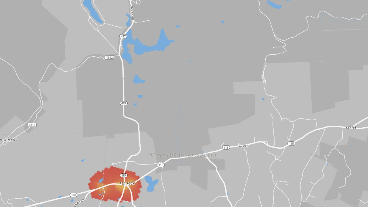 Walk Grade map of Red Rock, PA, walkable areas in green and car-dependent areas in red