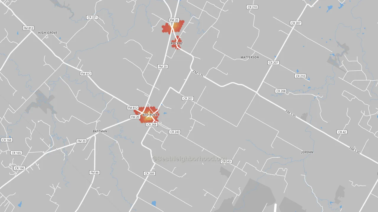 Walk Grade map of Red Rock, TX, walkable areas in green and car-dependent areas in red