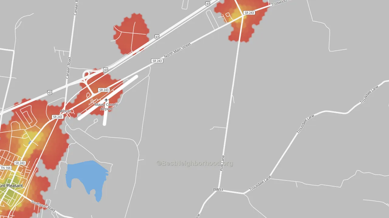 Walk Grade map of Red Row, TN, walkable areas in green and car-dependent areas in red