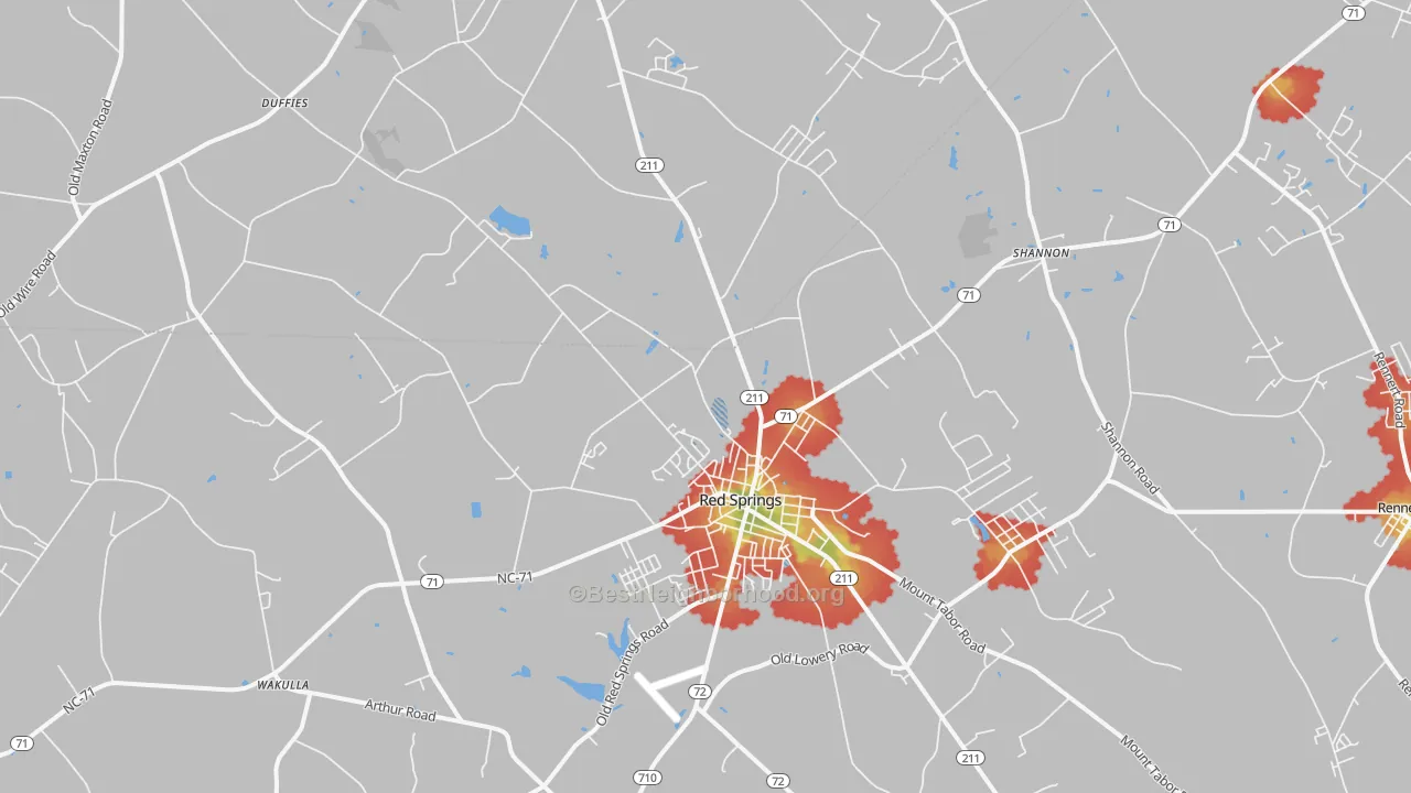 Walk Grade map of Red Springs, NC, walkable areas in green and car-dependent areas in red