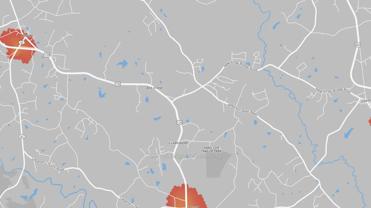 Walk Grade map of Red Stone, GA, walkable areas in green and car-dependent areas in red