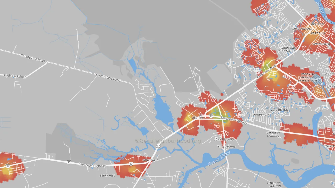 Walk Grade map of Red Top, SC, walkable areas in green and car-dependent areas in red