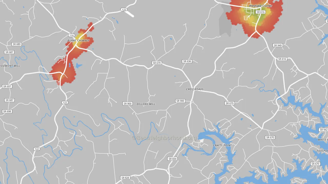 Walk Grade map of Red Valley, VA, walkable areas in green and car-dependent areas in red