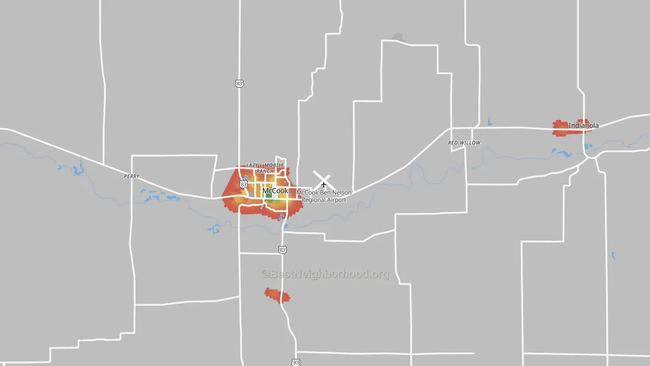 Walk Grade map of Red Willow County, NE, walkable areas in green and car-dependent areas in red