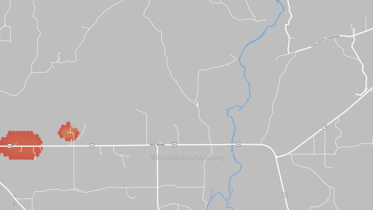 Walk Grade map of Red Wing, AR, walkable areas in green and car-dependent areas in red