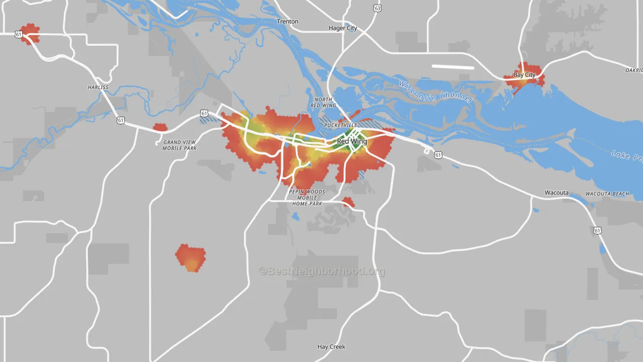 Walk Grade map of Red Wing, MN, walkable areas in green and car-dependent areas in red