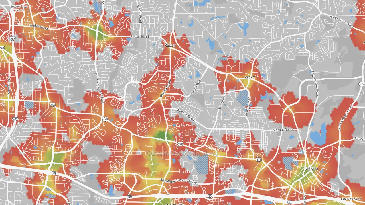Walk Grade map of Redan, GA, walkable areas in green and car-dependent areas in red