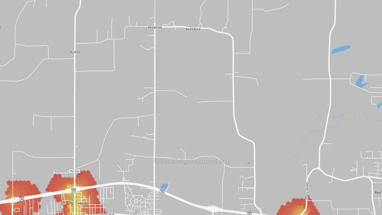 Walk Grade map of Redbank, TX, walkable areas in green and car-dependent areas in red